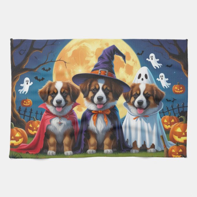 Paño De Cocina Perros Pastores Belgas Calabaza Halloween Divertid (Horizontal)