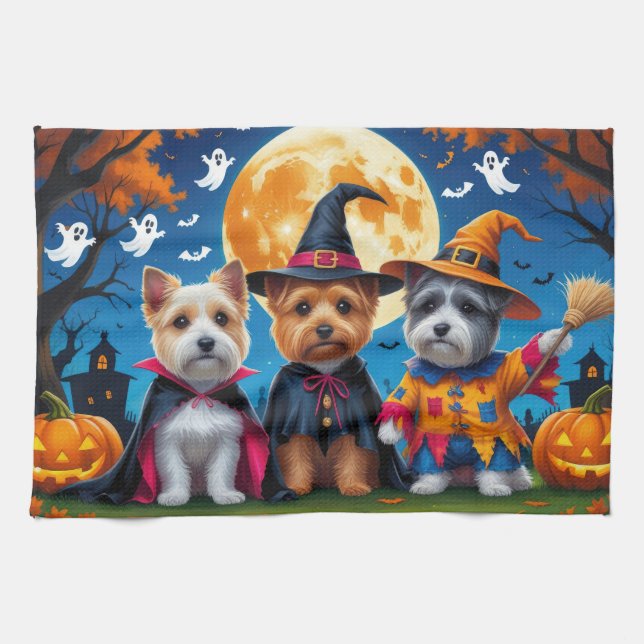 Paño De Cocina Perros Terrier Cairn Calabaza Halloween Divertido (Horizontal)
