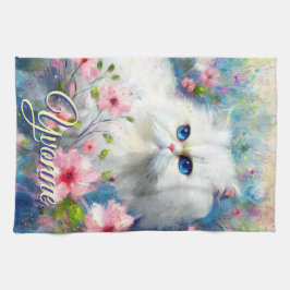 Paño De Cocina Persian Cat Blue Eyes in Pink Flowers Personalized