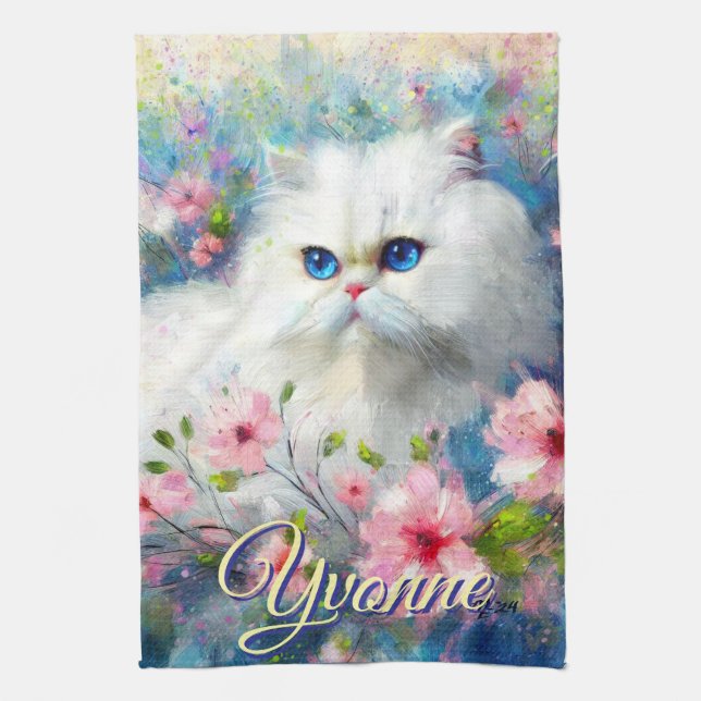 Paño De Cocina Persian Cat Blue Eyes in Pink Flowers Personalized (Vertical)