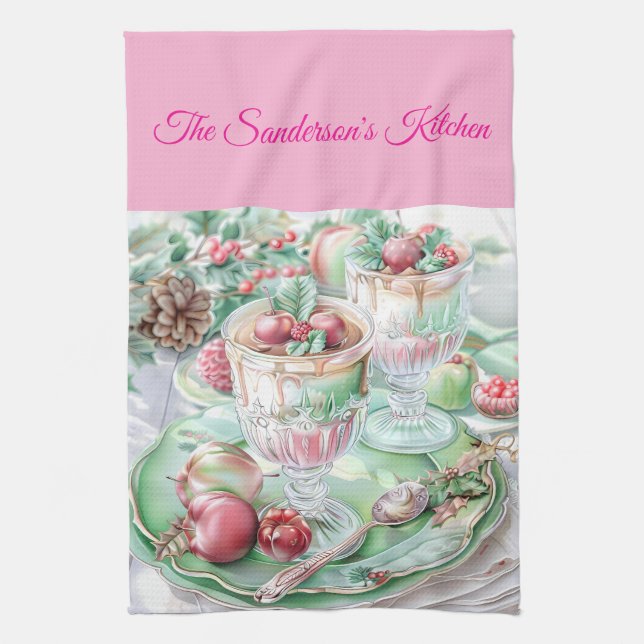 Paño De Cocina Personalised Pastel Pink & Green Christmas Kitchen (Vertical)