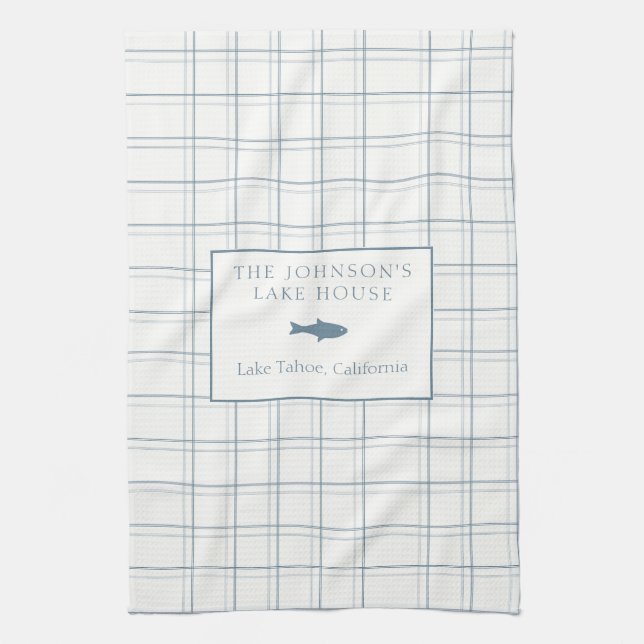 Paño De Cocina Personalizable clásico Plaid Lake House Blue Fish (Vertical)