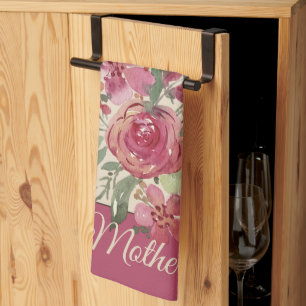 Paño De Cocina Personalizable de pergamino floral de acuarela ros