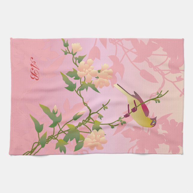 Paño De Cocina Personalizable: Flores y pájaro (Horizontal)