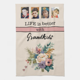 Paño De Cocina Personalizado 4 fotos nietos floral rosa