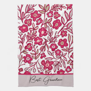 Paño De Cocina Personalizado Abuela Boho Cocina Gris Rojo Floral 