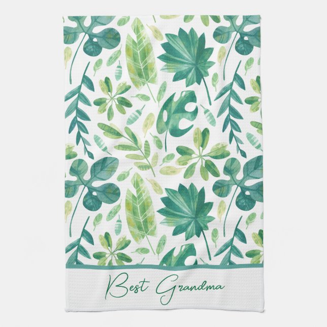 Paño De Cocina Personalizado Abuela Tropical Monstera Leaf Verde  (Vertical)