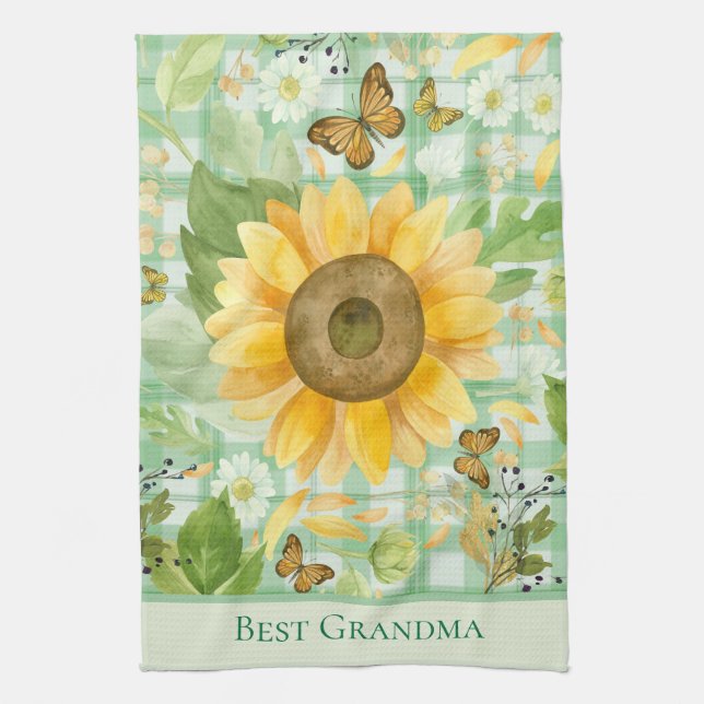Paño De Cocina Personalizado Abuela Verde Gingham Mariposa Giraso (Vertical)