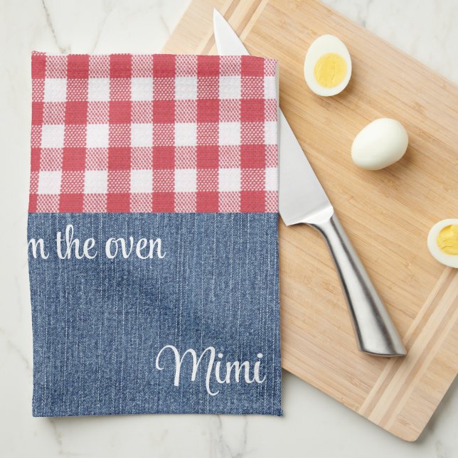 Paño De Cocina Personalizado Cute Red & White Check Blue Denim (Doblado Cuarto)
