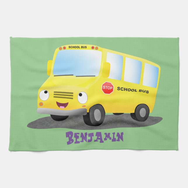 Paño De Cocina Personalizado de autobús escolar alegre y amarillo (Horizontal)