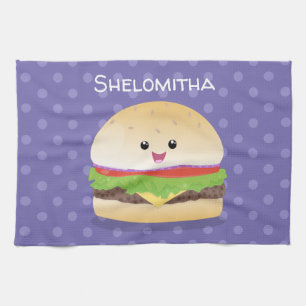 Paño De Cocina Personalizado de hamburguesa kawaii feliz