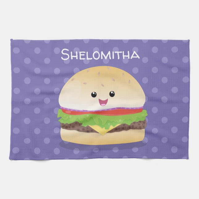 Paño De Cocina Personalizado de hamburguesa kawaii feliz (Horizontal)