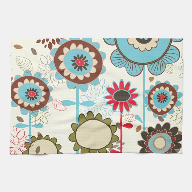 Paño De Cocina Personalizado de patrón floral azul turquesa retro (Horizontal)
