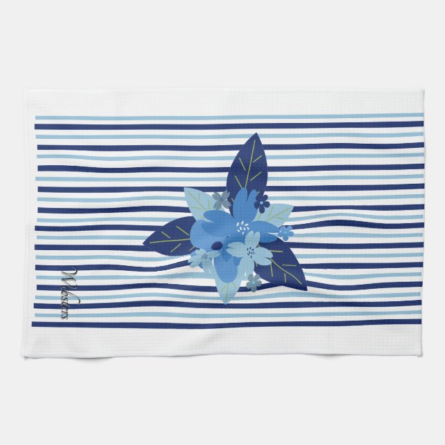 Paño De Cocina Personalizado estampado floral monocromático azul (Horizontal)