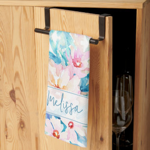 Paño De Cocina Personalizado floral acuarela rosa y azul