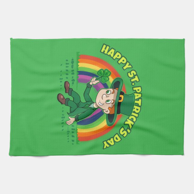 Paño De Cocina Personalizado lindo leprechaun con shamrock y arco (Horizontal)