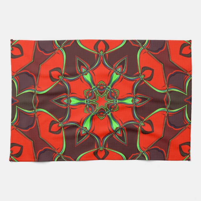 Paño De Cocina Personalizado Mandala Flor Rojo y Verde azulado (Horizontal)