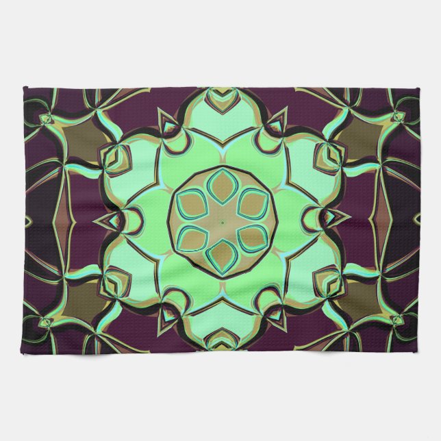 Paño De Cocina Personalizado Mandala Flor Verde Púrpura y Negro (Horizontal)