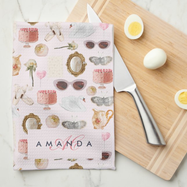 Paño De Cocina Personalizado Monograma Coquette Cute chica Rosa F (Doblado Cuarto)