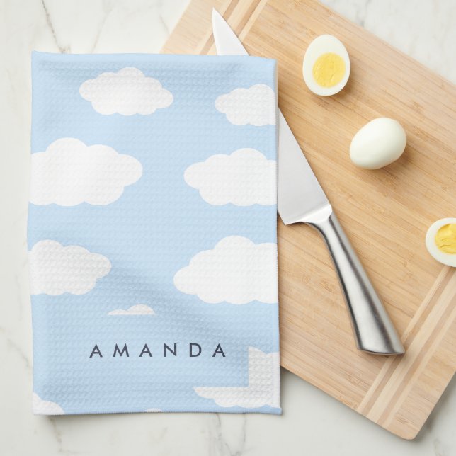 Paño De Cocina Personalizado Monograma Cute Girly Blue Cloud Rega (Doblado Cuarto)