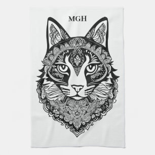 Paño De Cocina Personalizado Monograma Gato Ornamental