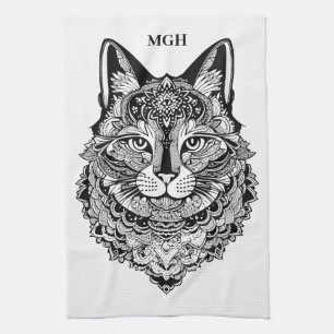 Paño De Cocina Personalizado Monograma Gato Ornamental