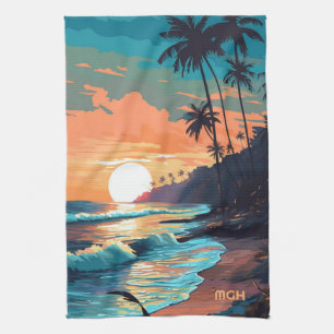 Paño De Cocina Personalizado Monograma Tropical Beach Sunset