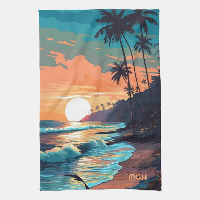Paño De Cocina Personalizado Monograma Tropical Beach Sunset (Vertical)