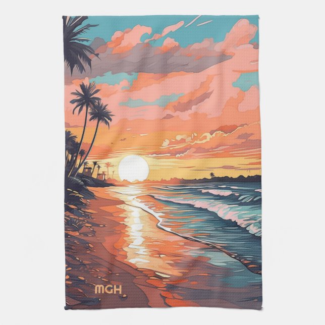 Paño De Cocina Personalizado Monograma Tropical Beach Sunset (Vertical)