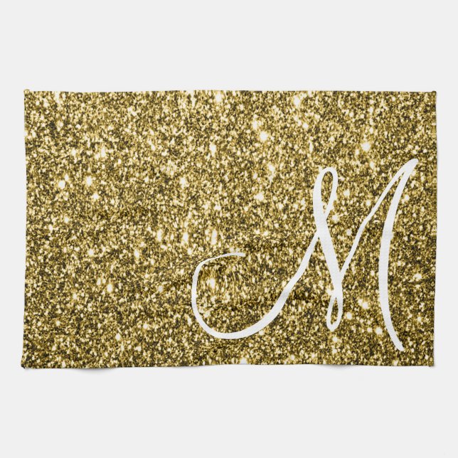 Paño De Cocina Personalizado Monogrammed Faux Gold Purpurina Spar (Horizontal)