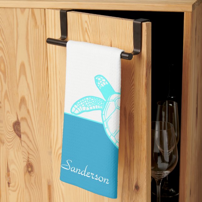 Paño De Cocina Personalizado Nautical Coastal Sea Turtle Azul Bla (Pliegue de tercios)