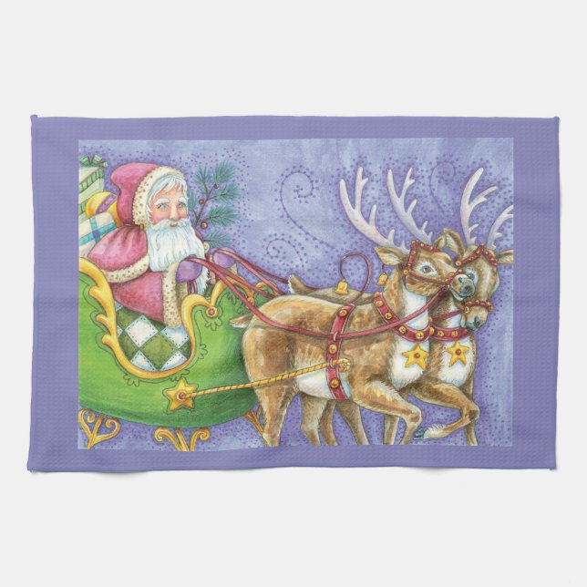 Paño De Cocina Personalizado Navidades Santa Claus Sleigh Reindee (Horizontal)