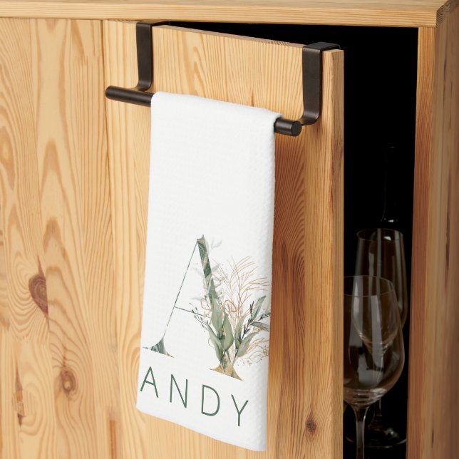 Paño De Cocina Personalizado Oro Eucalipto Botánico Monograma (Pliegue de tercios)