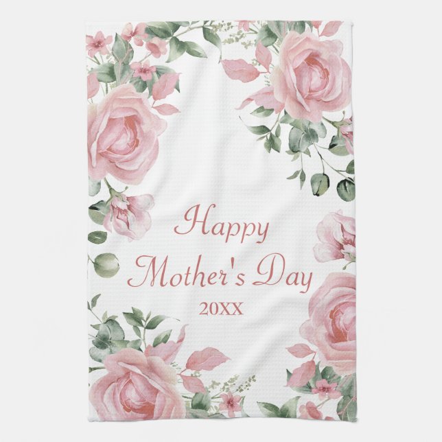 Paño De Cocina Personalizado Rosa Floral Feliz Día de la Madre (Vertical)