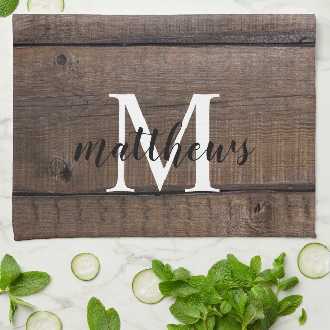 Paño De Cocina Personalizado Rustic Script Monograma Nombre Farmh (Doblado)
