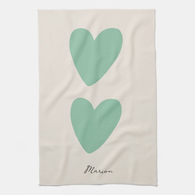 Paño De Cocina Personalizado Seafoam Green Mint Heart Kitchen Toa (Vertical)