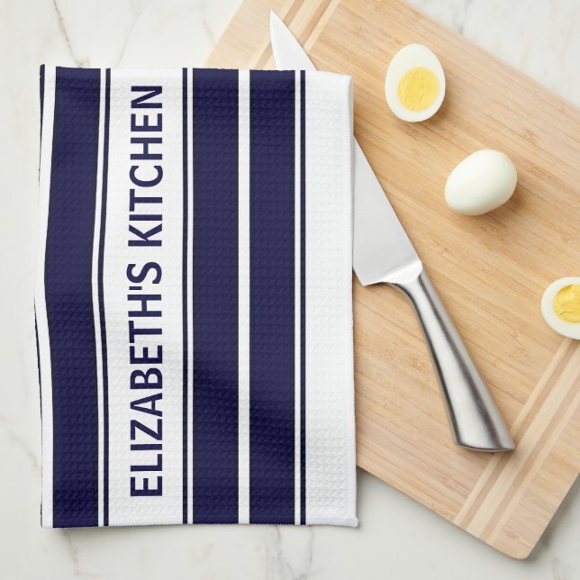 Paño De Cocina Personalizado Texto Navy Azul y franja blanca (Doblado Cuarto)