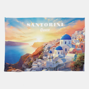 Paño De Cocina Personalizado Texto Santorini Grecia Atardecer
