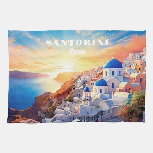 Paño De Cocina Personalizado Texto Santorini Grecia Atardecer (Horizontal)