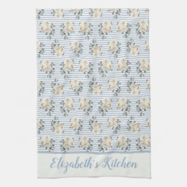 Paño De Cocina Personalizado Vintage Azul Blanco Rayas Floral