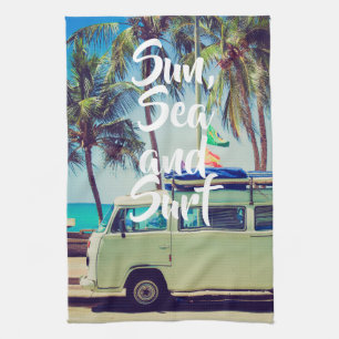 Paño De Cocina Personalizado, vintage beach camper bus y palmeras