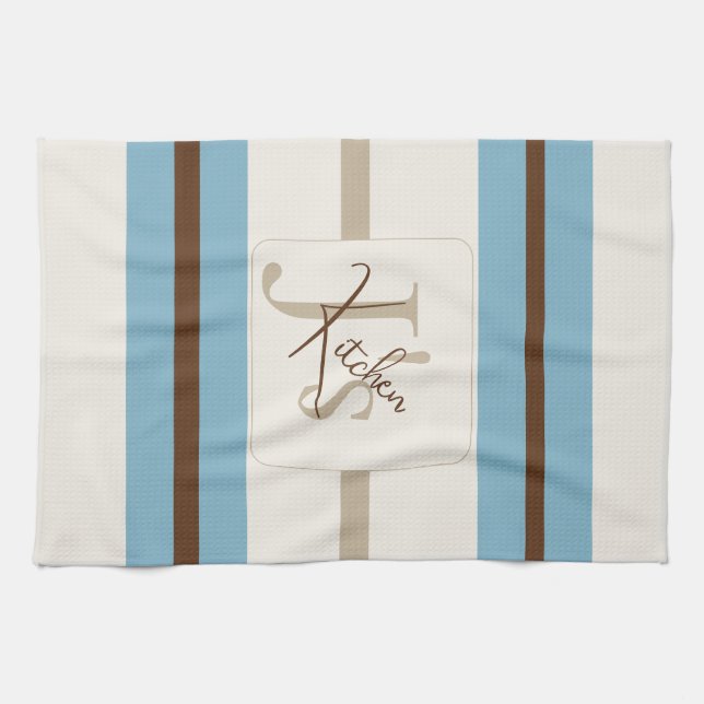 Paño De Cocina Personalized Blue Brown Stripe Monogram Coastal  (Horizontal)