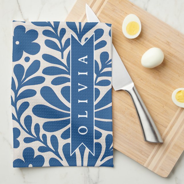 Paño De Cocina Personalized Blue Folk Floral Nordic Custom (Doblado Cuarto)