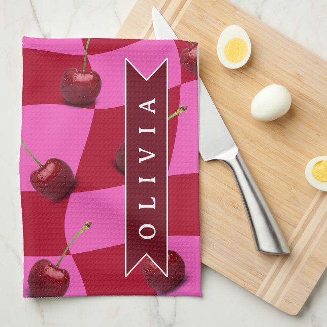 Paño De Cocina Personalized Cherry Gingham Retro Custom Name (Doblado Cuarto)