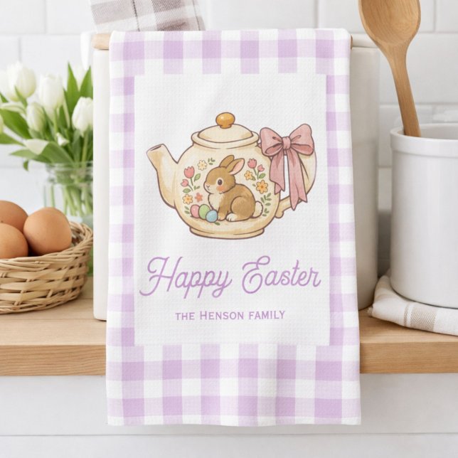 Paño De Cocina Personalized Easter Bunny Teapot Gingham Family (Subido por el creador)