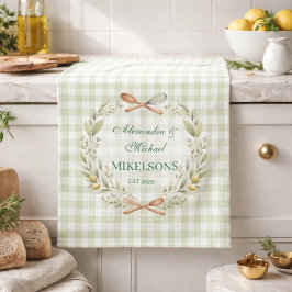 Paño De Cocina Personalized Green Gingham Newlywed Wedding