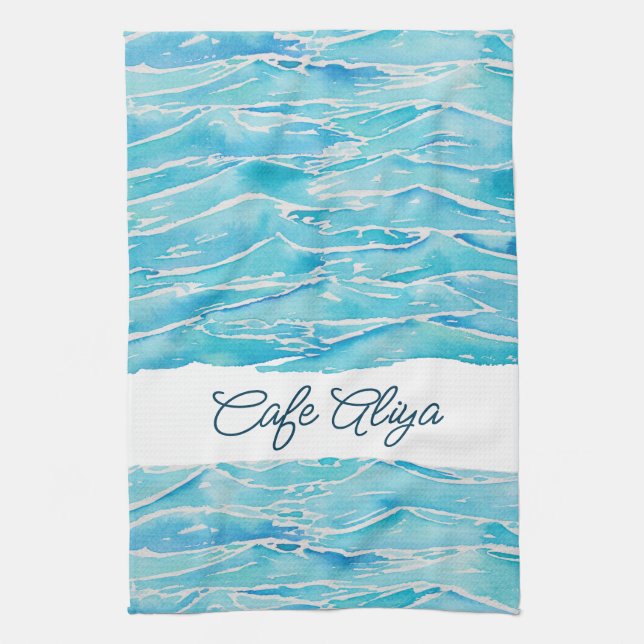 Paño De Cocina Personalized Name Beach Waves Watercolor Novelty (Vertical)