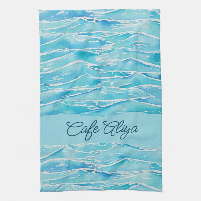Paño De Cocina Personalized Name Beach Waves Watercolor Novelty (Vertical)