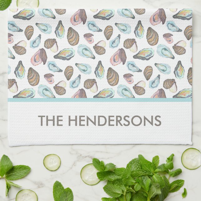 Paño De Cocina Personalized Oyster Tea Towel, Family Name (Doblado)