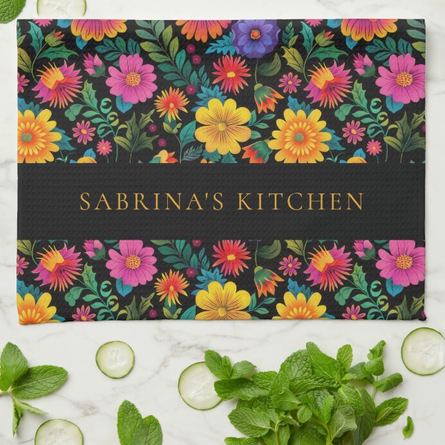 Paño De Cocina Personalized Vibrant Floral Pattern Dark (Doblado)